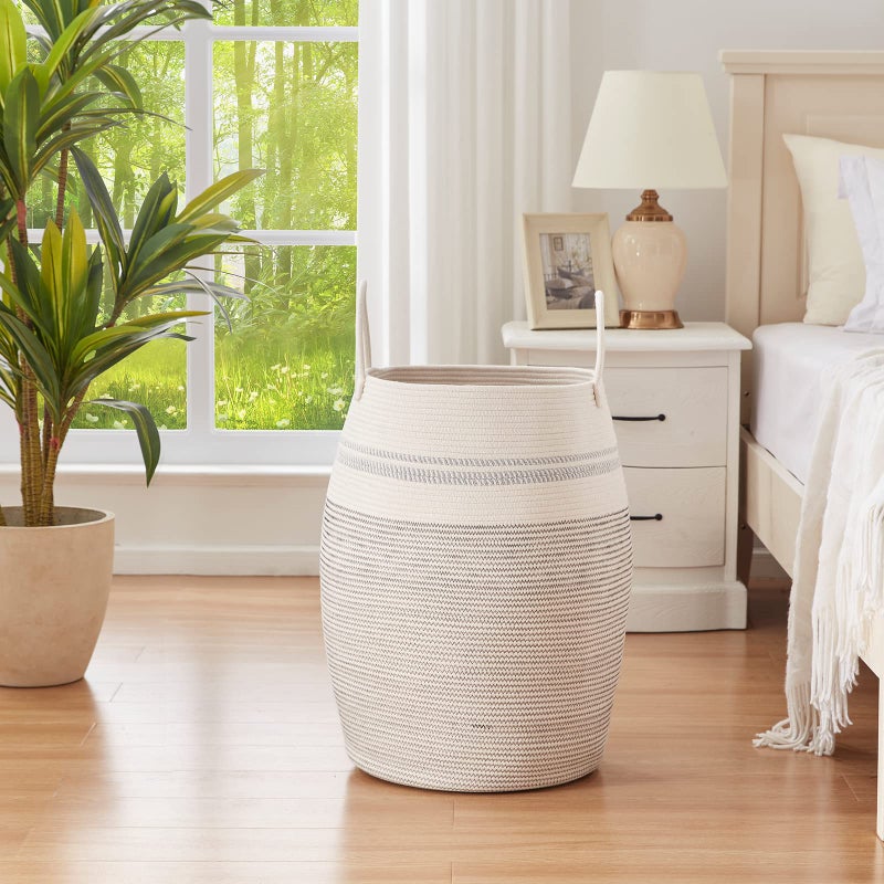 OIAHOMY Laundry Hamper Woven Cotton Rope Large Clothes Hamper 25.6" Height Tall Laundry Basket with Extended Cotton Handles for Storage Clothes Toys in Bedroom, Bathroom, Foldable (Light Grey) - Image 2